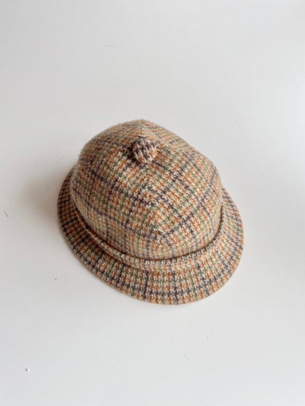 Vintage KANGOL Brown Houndstooth Wool Tweed Deerstalker Sherlock Hat, Size L